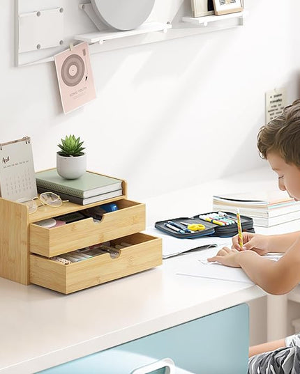 Wisuce Bamboo Desk Organizer - Mini Bamboo Desk Drawer Tabletop Cosmetic Storage Organization for Office or Home (Nature 2 Drawers)