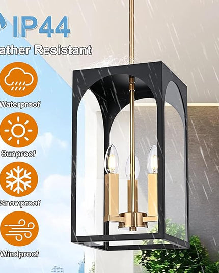 VINLUZ 3 Lights Outdoor Pendant Light Fixture in Black and Brushed Brass Finish, Classic Indoor Outdoor Hanging Lantern Lighting with Clear Glass Shade for Porch Entryway Hallway