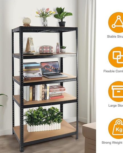 Heavy Duty 5-Tier Storage Shelving Unit, Black Steel Frame with MDF Boards, 71" H x 35.5" W x 15.8" D, 2000 lbs Capacity, Adjustable Garage Organization Rack