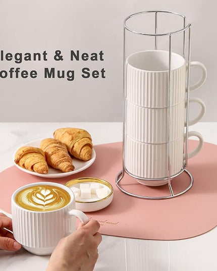 HASENSE Coffee Cups Set of 4 with Stand, 15 OZ Stackable Coffee Mugs with Handle for Tea, Cocoa, Cappuccino, Latte and Americano, Porcelain Vertical Stripe Coffee Cups for Men and Women, Pure White