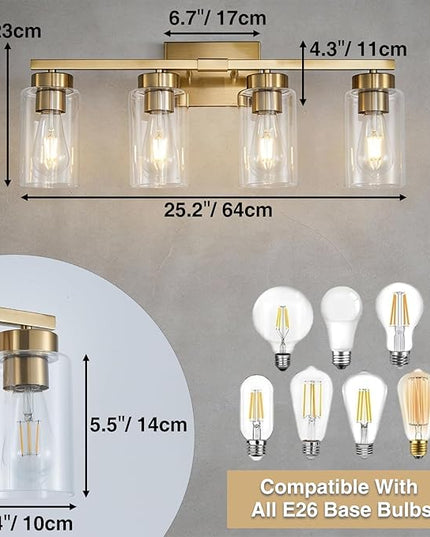 4-Light Bathroom Light Fixtures, Gold Modern Vanity Lights Over Mirror, Bathroom Wall Sconces with Clear Glass Shade for Living Room Bedroom Hallway Cabinet Porch