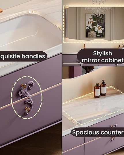 Bathroom Vanity with Sink - Including Defogging & Led Lights, Modern Bathroom Cabinet with 3 Drawers & Lipstick Box | Floating Bathroom Vanities Have Exquisite Handles (Round Mirror, 60'')
