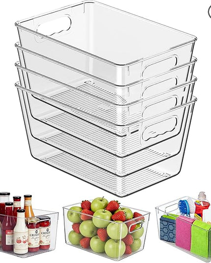 Clear Plastic Storage Bins, 4 Pack Pantry Organizers & Storage Containers, Cabinet Organizer, Home Organization Must Haves for Kitchen, Laundry Room, Office, Closet & Freezer