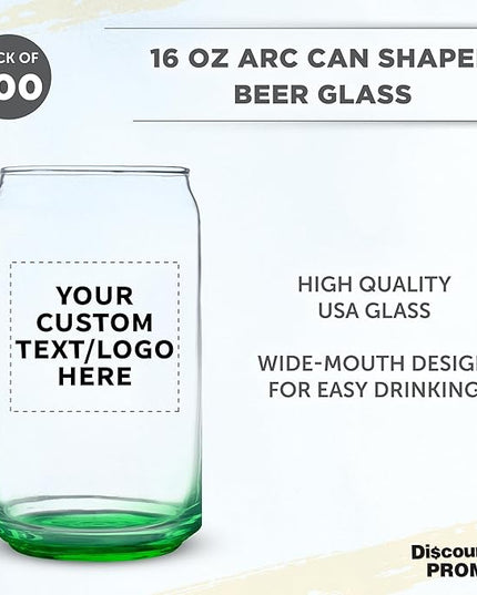 Custom Beer Can Glasses Set of 100, 16 oz. Pint Sized, Promotional Text, Logo, Soda Can Shape, Glassware, Green