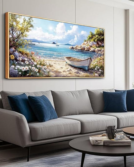 PHAOHUAXM Large Canvas Wall Art For Living Room Wall Decor For Bedroom Office Decor Print Marine Landscape Paintings Artwork Modern Stretched and Framed Beach Posters Home Decor 30"X60" Wood Framed