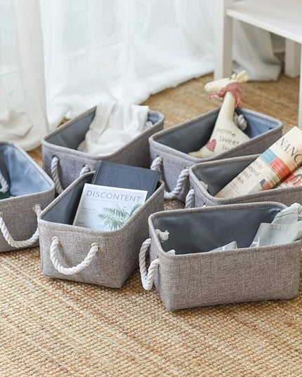 TheWarmHome Foldable Small Storage Baskets with Strong Cotton Rope Handles [6-Pack] Gray Collapsible Storage Bins Set Works Room Storage, Nursery Baskets