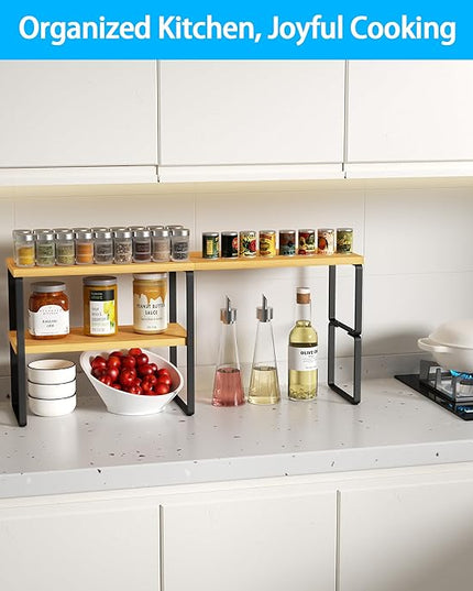 Golener Countertop Organizer Corner Shelf, 2-Tier Adjustable Stackable Corner Shelves for Kitchen, Spice Rack, Coffee Area, Over Sink, Bathroom, Dresser Table, Corner Counter Shelf Stand, Bamboo