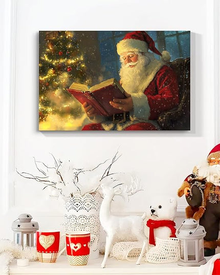 YONICA Christmas Wall Decor Santa Canvas Wall Art Home Decorations 18x12 Inches - Santa Pictures Santa Claus Reading Bible Christmas Pine Tree Prints Winter Painting Xmas Artworks for Living Room