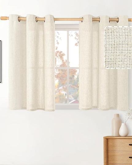 BGment 30 Inch Short Curtains for Small Window, Light Filtering Linen Burlap Textured Window Treatments Grommet Sheer Drapes for Kitchen Cafe, 2 Panels, Natural, 42 X 30 Inch