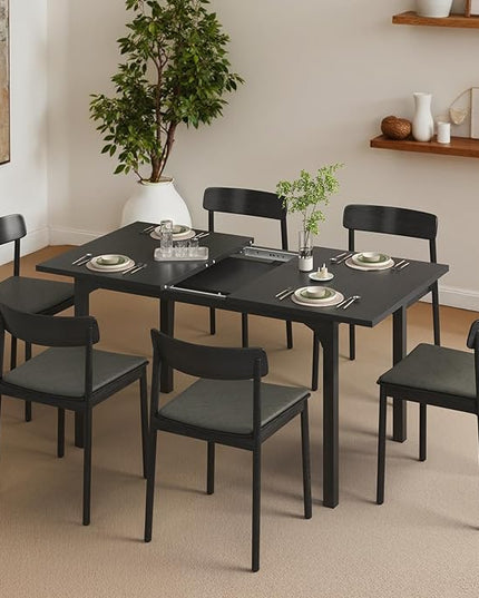 Extendable Dining Table, Modern Wooden Rectangle Kitchen Table for 4-8 People with Strong Metal Legs, Space Saving Expandable Dining Room Tables for Restaurant, Conference, Black