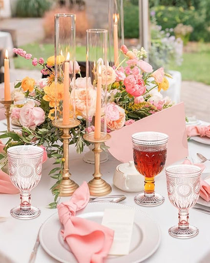 Pink 12 Pack Vintage Wine Glasses, Plastic Reusable 12 Ounce Colored Water Goblets, Unique Flower Embossed Pattern Unbreakable Stemmed Wine Glasses High Clear Wedding Party Bar Drinking Cups