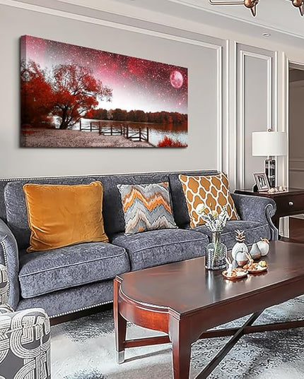 Lapremoly Modern Wall Decorations - Canvas Wall Art for Living Room, Bedroom, Office - Farmhouse Wall Decor - Framed Mural - Starry Sky Pictures - Red Tree Landscape