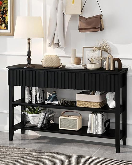 LAZZO Painted Wood Console Table Narrow Long Modern Fluted Entryway Table Behind Sofa Couch with 3 Drawers and 2-Tier Storage Shelf for Living Room, Foyer and Hallway (Black, 2 Tiers)