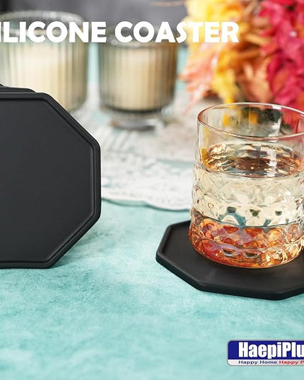 6 Pieces Silicone Coasters, Octagon Shape Hot Cup Mat for Drinks, Heat Resistant Glass Cushion, Coffee Coaster for Table, Desk, Kitchen, Office, Bar Protection (Black)