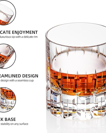 KAMMAK Crystal Whiskey Glasses Set of 2, Luxury 7.78oz Old Fashioned Glasses Stemless, Hand Blown Cocktail Glasses, Handcrafted Engraved Scotch Cup for Women, Men Gift for Bourbon Barware