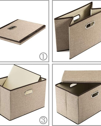 PRANDOM Large Collapsible Storage Baskets with Lids [5-Pack] Jute Fabric Foldable Storage Bins Boxes Organizer Containers Cube with Cover for Home Bedroom Closet Office Nursery (17.7x11.8x11.8)