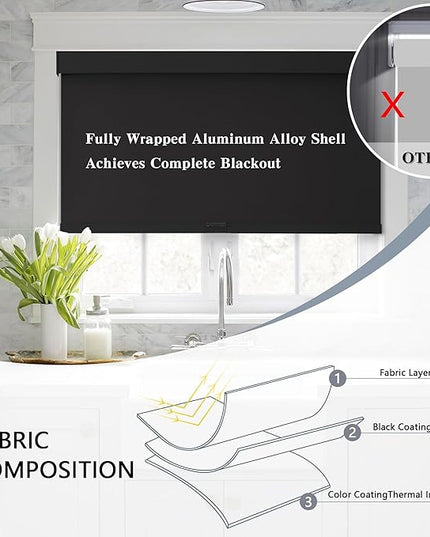 AOSKY Blackout Roller Shades Cordless Blinds for Windows, Free-Stop Shades with Valance, Thermal Insulated Fabric, UV Protection, Natural Woven Blinds for Home and Office (68" W x 72" H, Black)