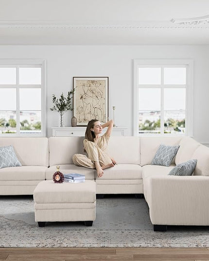 Legend Vansen Oversized Modular Sectional Sofa,7 Seat U Shaped Couch with Ottoman,Corduroy Sofa with Deep Seat,Convertible Large Sectional Couches for Living Room(Cream, L-7)