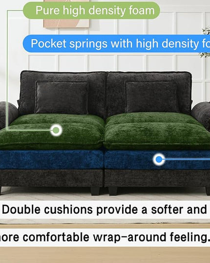 86" Modular Sectional Sofa, Comfy Cloud Couch Sectional Sofa with Ottoman, Chenille Sofa Sleeper Deep Seat Sofa with Throw Pillows for Living Room (Black)