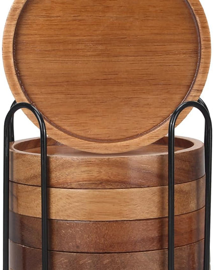 6 Pcs Best Wooden Coasters with Holder Coffee Table Decor Acacia Wood Coaster Set Modern Cup Coaster for Drink Home Dining Table Kitchen Accessories Cute Beer Bar Decorative Rustic Outdoor Coasters