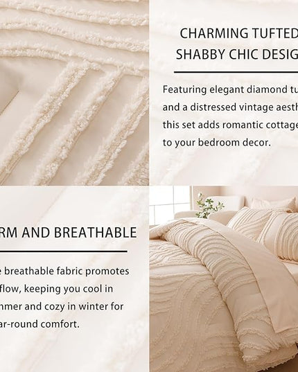 Beige King Comforter Set - 7 Pieces Bed in a Bag, Premium Comforters King Size Bed Set Tufted Shabby Chic Bedding Comforter Set with Flat Sheet, Fitted Sheet and Pillowcases,Beige