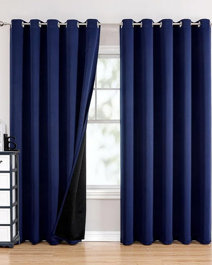 ChrisDowa 100% Blackout Curtains 84 inch Long for Bedroom with Black Liner, Extra Wide 2 Thick Layers Total Blackout Thermal Insulated Grommet Window Curtains 2 Panels Set (Navy Blue, 60 x 84 Inch)