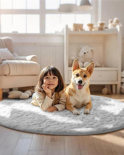 Ophanie Round Rug 5Ft White Circle Area Rug, Aesthetic Room Decor, Fluffy Fuzzy Bedroom Carpet, Plush Soft Shaggy Living Room Rugs for Kids Home Decor, Nursery