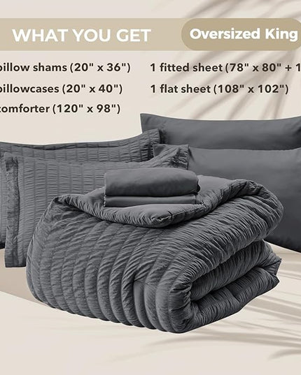 HYMOKEGE Oversized King Comforter Set Seersucker 7 Pieces, All Season Luxury Bed in a Bag for Bedroom, Bedding Set with Comforter, Sheets, Pillowcases & Shams, Dark Grey