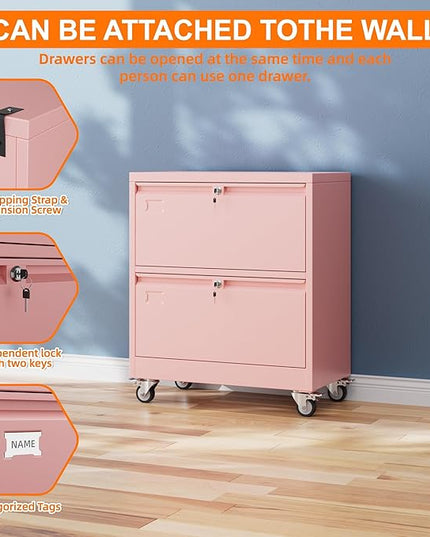 METAN Upgrade 2 Drawers Lateral File Cabinet on Wheels,Steel Office Filing Storage Cabinet with 2 Locks,Assembly Required,Pink