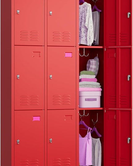 Aobabo New 9 Doors Metal Storage Locker for Employees, Lockable Steel Locker with Name Card Slot and 27 Hooks for School Office Gym Garage, Red, Assembly Required