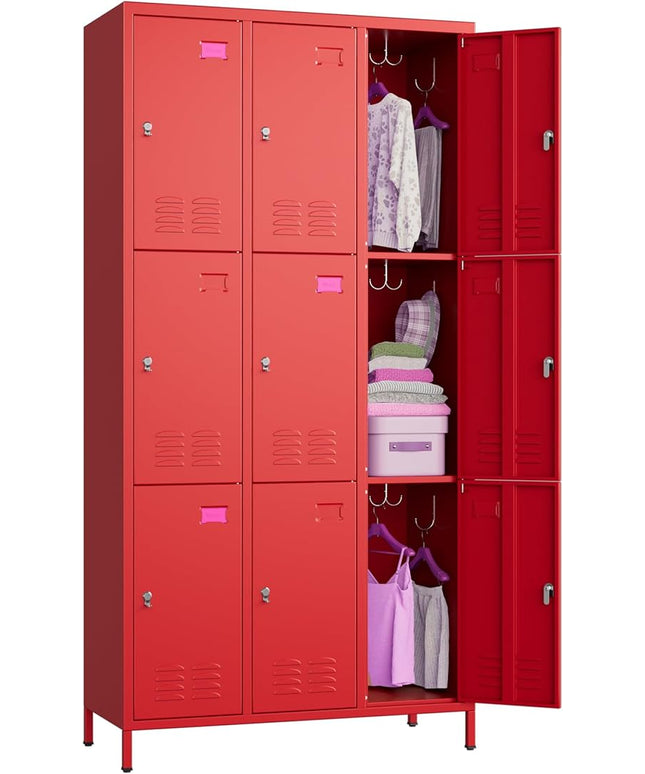 Aobabo New 9 Doors Metal Storage Locker for Employees, Lockable Steel Locker with Name Card Slot and 27 Hooks for School Office Gym Garage, Red, Assembly Required