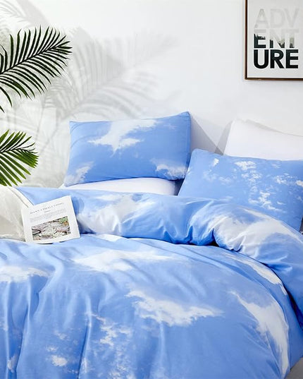 CLOTHKNOW Blue Sky 3Pcs Bedding Set - Twin Comforter Set with 2 Pillowcases, Cotton Microfiber, Cloud Design, Unisex, All Seasons, Machine Wash