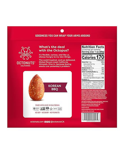 Octonuts Korean BBQ Almonds – 12 Individually Wrapped Snack Packs (1oz Each), Healthy Snacks for Adults and Kids, Non-GMO, Keto and Gluten-Free, Roasted in Cold Pressed Olive Oil