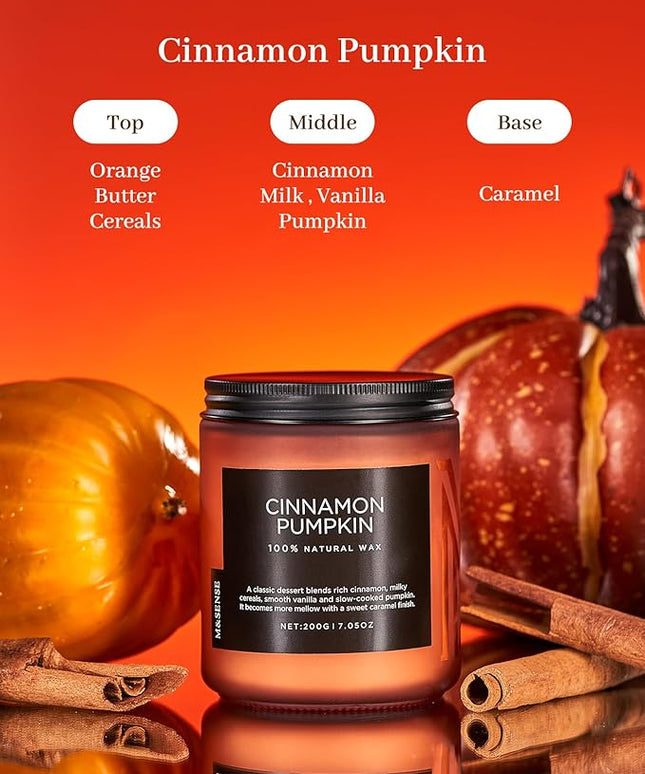 M&SENSE Cinnamon Pumpkin Fall Scented All Natural Soy Wax Candles for Home Scented, Cotton Wick Autumn Long Burning 7.05oz 50 Hours Burn Time, Jar Candle Gift for Thanksgiving