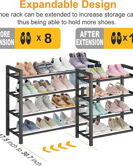4-Tier Expandable Shoe Rack – Adjustable Metal Shoe Organizer for Closet, Entryway & Mudroom – Stackable, Heavy-Duty Storage, Black