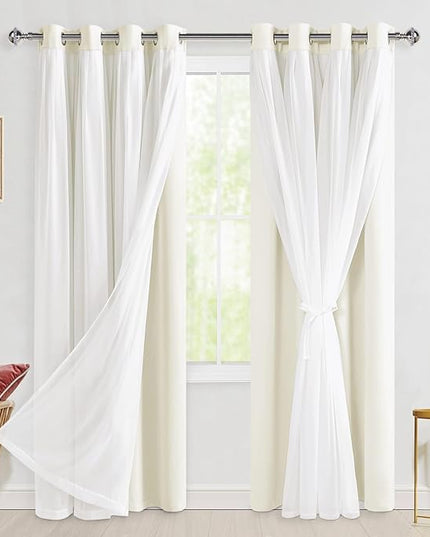 Hiasan Blackout Curtains with Sheer Overlay, Grommet Thermal Insulated Mix & Match Double Layer Window Curtains for Bedroom, Living Room, 2 Drape Panels Sewn with Tiebacks, Ivory, 52W X 84L