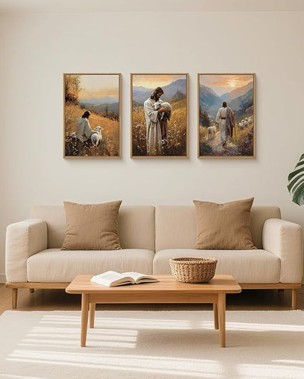 HOURIA Jesus Leaves The 99 Sheep Framed Canvas Wall Art Set,Christian The Lost Sheep Wall Decor,Jesus Embraces Lamb Artwork,Religious Biblical Art Prints for Living Room, Bedroom, Church- 24"x36"x3