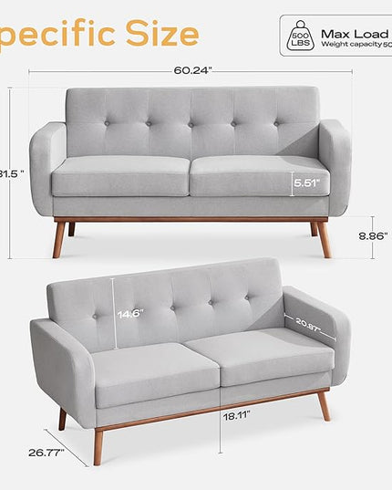 HUIMO Sofa Couch, Mid Century Modern Sofa with Solid Wood Frame, Button Tufted Couch for Bedroom, Living Room, Office, Apartment (Light Grey, 60 inch)