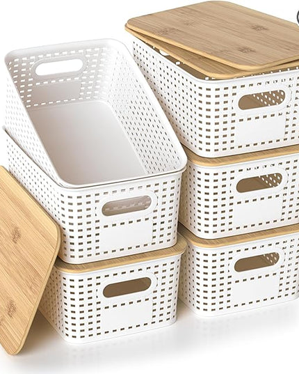 Plastic Storage Baskets with Bamboo Lids, Stackable Small Box Bins for Organizing and Containers for Shelves Drawers Desktop Closet Pantry Classroom Office Home, 6 Pack 10.2x7.2x4.1 Inch, White