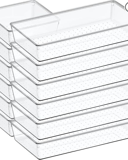 12 Pack Large Clear Plastic Drawer Organizer Set, Acrylic Bathroom Organizer Vanity Trays Dividers, Kitchen Organizers and Storage, Non-Slip Storage Bins for Makeup, Snacks, Office, Desk, Fridge