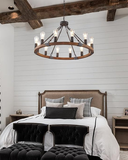 Farmhouse Wagon Wheel Chandelier 31" Black Wooden Chandelier 12-Light Rustic Pendant Light Fixture for Dining Room Living Room Entryway Foyer