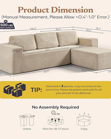 106" Cloud Sectional Couch, Left/Right Facing Convertible Sofa with Deep Seat, L-Shape Modular Upholstered Foam Couch for Living Room Bedroom, No Assembly Required (Corduroy Fabric, Beige)