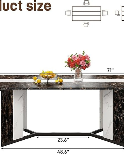 71 inch Dining Table for 4 5 6 | Modern Black Rectangular Kitchen Table W/Waterproof Wood Tabletop,Farmhouse Long Dining Room Tables W/Adjustable Legs&Wood Strip Base for Kitchen Living Room