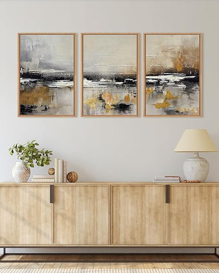 HOURIA Abstract Neutral Brown Tan Canvas Framed Wall Art Set,Textured Grunge Beige Wall Decor,Minimalist Black White Brush Stroke Artwork,Pastel Minimal Zen Print for Living Room,Bedroom-16 x24 x3