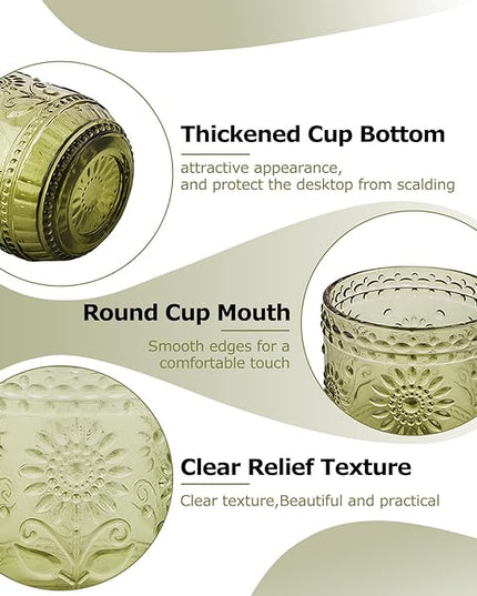 Glass Cups, Vintage Glassware Drinking Glass Set of 4, 12oz Colored Glassware with Sunflower Design, Embossed Floral Decorative Glasses Drinking Set for Beverage, Vintage Drinking Glasses (Green)