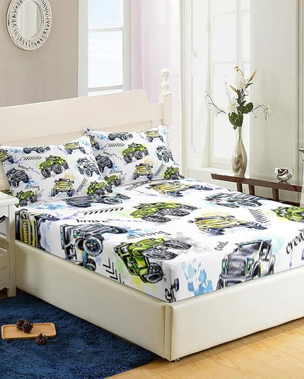 AILONEN Monster Trucks White Fitted Sheet Set Twin Size, Tie Dye Truck Car Printed Bedding Set for Kids,Boys,Monster Jam Bedsheets Set,3-Piece, 1 Fitted Sheet and 2 Pillowcases