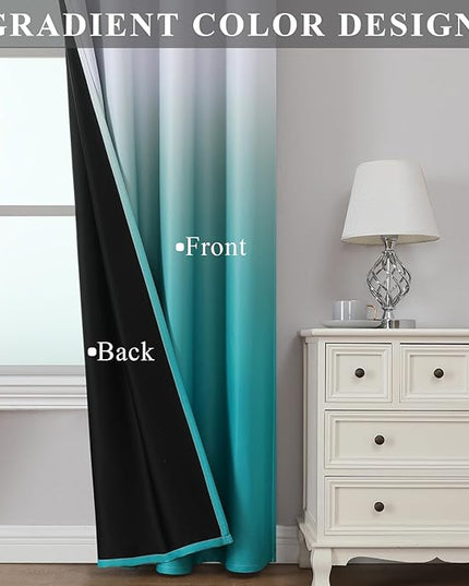 Estelar Textiler Teal and Greyish White Ombre Blackout Curtains for Bedroom 52 x 96 Inches Long, Energy Saving Thermal Insulated Window Drapes for Living Room with Grommets, 2 Panels