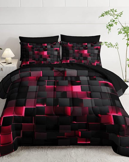 Geometric Pink Black Twin Comforter Set,Light Honeycomb Bedding Set 7 Piece in A Bag,Bed Sheet Set Geometry Decor,Microfiber Lightweight All Season