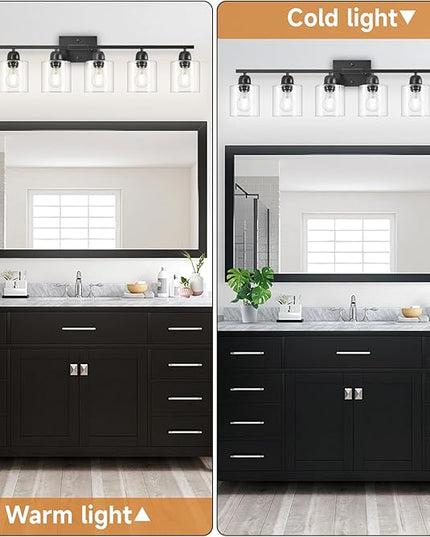 Bath Vanity Lights For Mirror, Restroom Lights Fixtures With Milky White Frosted Glass Shades,Bathroom Over Sink Light Fixtures, Bathroom Light Fixtures Over Mirror (Black with clear glass, 6-Light)