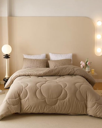 Houseri Cream Brown Floral Comforter Set Queen Dark Khaki Sunflower Fluffy Quilted Comforters Queen Size Taupe Russet Brown Bedding Sets Ultra Comfy